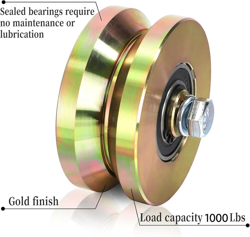 Goaste 2 Pack 4" Solid Slide V Groove Wheels, Heavy Duty Sliding Gate Casters, 1-3/4" Width Rolling Gate Wheels with Screw & Double Bearings for Industrial Machines Rail, Load Capacity 1000 Lbs - Image 3